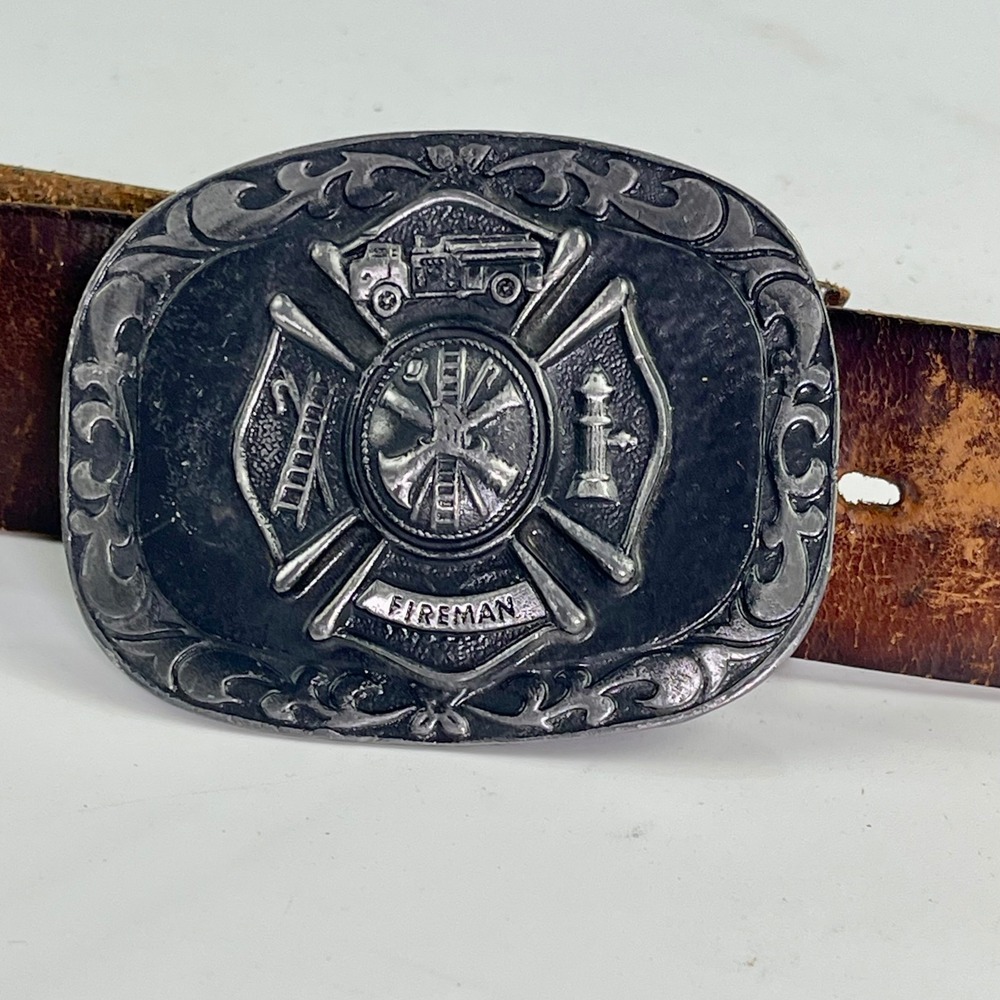vtg Tiffany Studio NY Fireman Belt Buckle Full Grain Steerhide‎ Leather Belt 36
